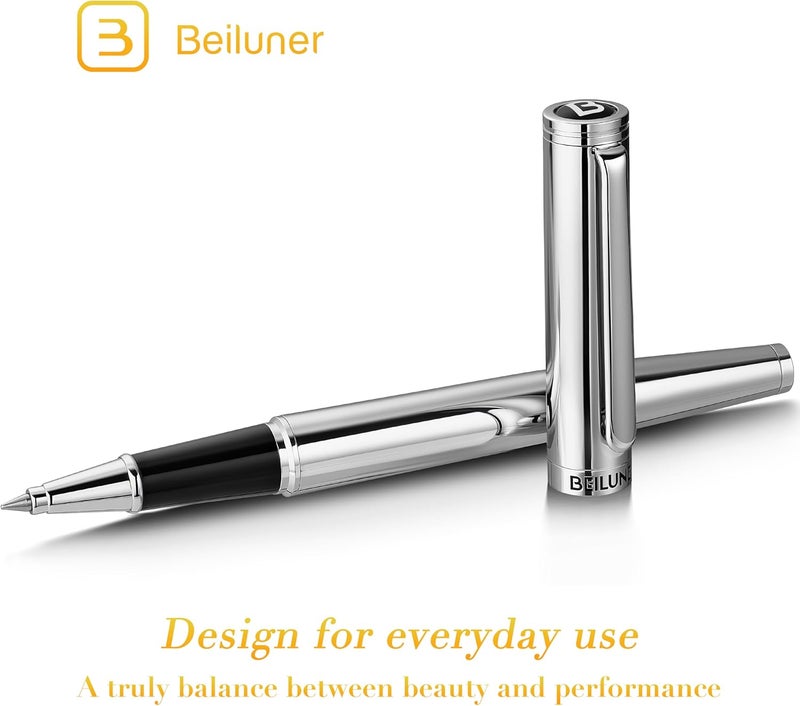 BEILUNER قلم رولربول فضي فاخر، تشطيب فضي لامع مذهل، تصاميم نبيلة وأنيقة، إعادة تعبئة حبر شنايدر، أفضل قلم هدية للرجال والنساء، محترف، مكتبي تنفيذي، أقلام فاخرة - Image 3